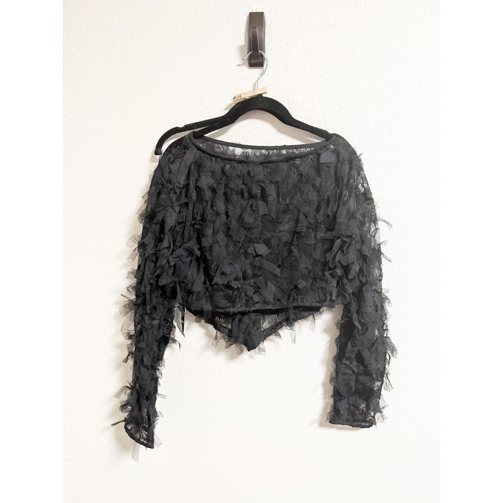 Innovare Denim Black Sheer Textured Tulle Crop Top Long Sleeve Shorts Set Small‎